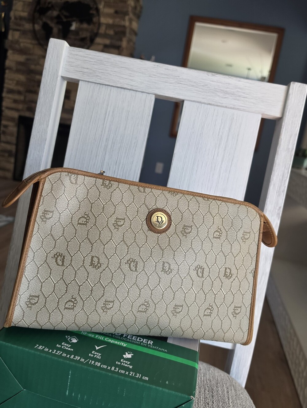 Authentic Christian Dior  Beige Monogram Cosmetic Pouch with Tan Trim